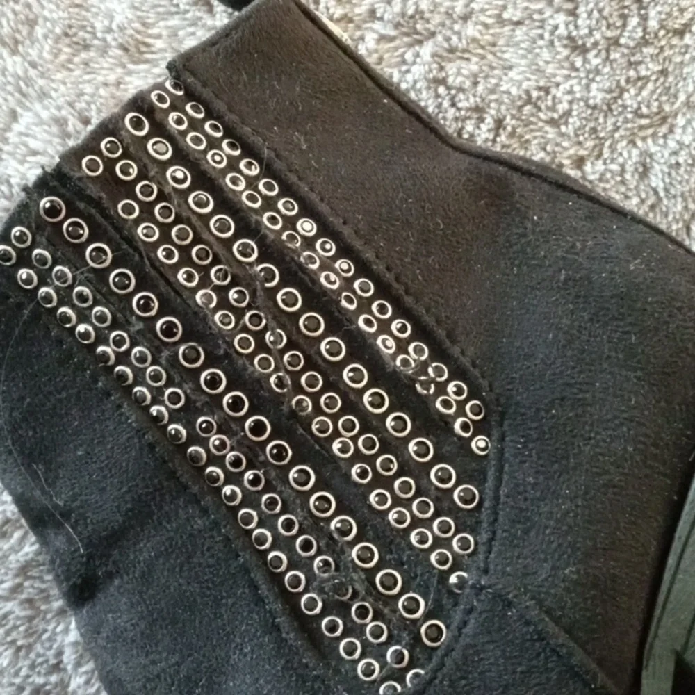 Vince Camuto faux suede booties with black gemstone detail